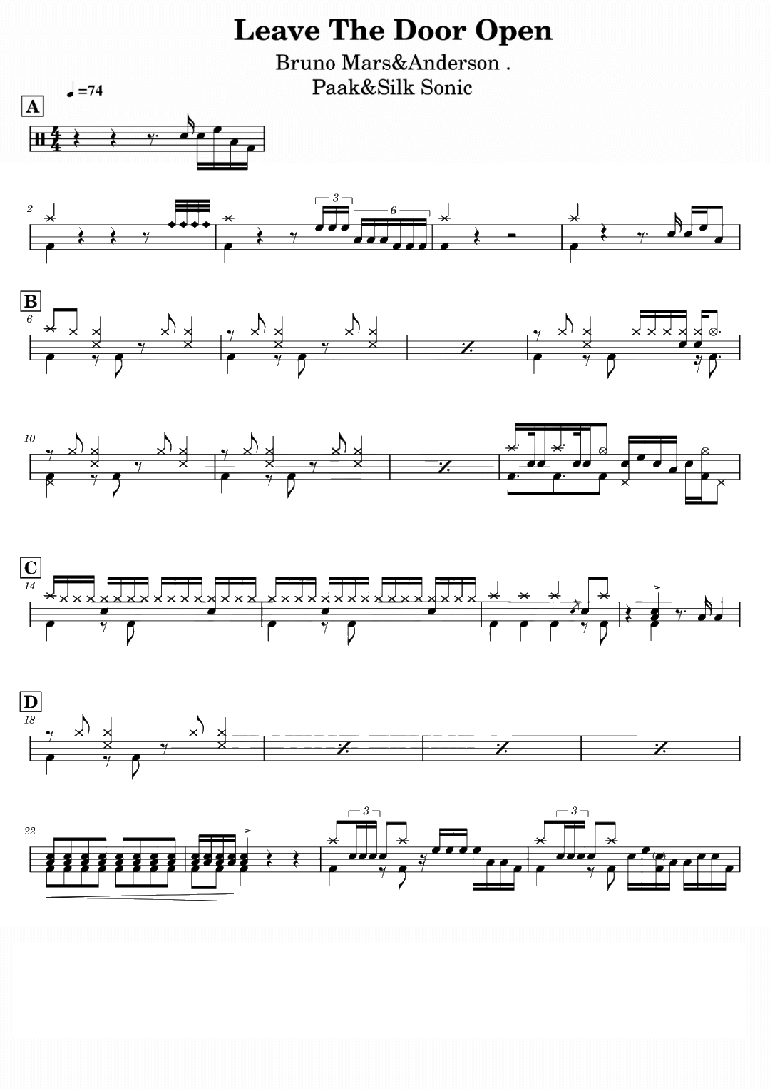 Leave The Door Open 鼓谱预览